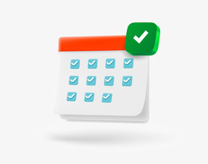 Poster - Paper calendar with green checkmark. 3d vector icon