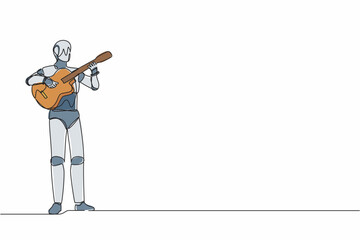 Poster - Single continuous line drawing robot playing acoustic guitar at musical performance. Modern robotic artificial intelligence. Electronic technology industry. One line draw design vector illustration