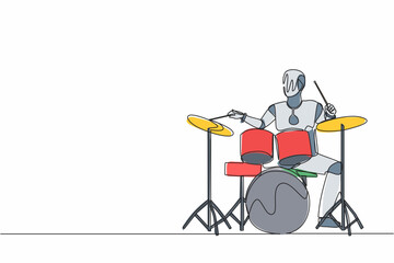 Poster - Single one line drawing robot playing drum instrument at music pop concert. Future technology development. Artificial intelligence and machine learning. Continuous line draw design vector illustration