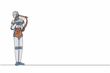 Poster - Continuous one line drawing robot musician playing musical lyre on stage. Classical music orchestra. Humanoid robot cybernetic. Future robotic development. Single line draw design vector illustration