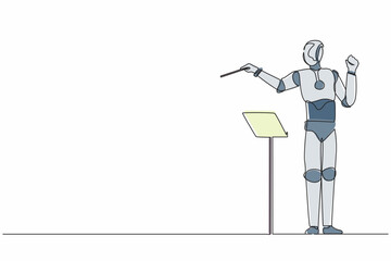 Poster - Single continuous line drawing expressive robot conductor directs music orchestra. Modern robotic artificial intelligence. Electronic technology industry. One line graphic design vector illustration