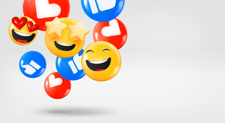 Poster - Thumb ups, hearts and smiling emojis falling down. 3d vector banner with copy space