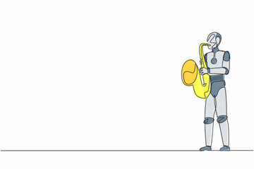 Poster - Single one line drawing robot saxophonist perform in festival jazz music. Future technology development. Artificial intelligence and machine learning. Continuous line draw design vector illustration