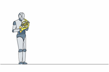 Poster - Continuous one line drawing robot musician performing classic melody on horn. Instrumentalist on brass instrument. Humanoid robot cybernetic organism. Single line graphic design vector illustration