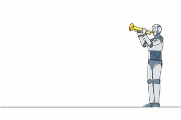 Poster - Single one line drawing robot playing trumpet at jazz music orchestra. Future technology development. Artificial intelligence and machine learning processes. Continuous line design vector illustration