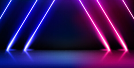 Poster - Empty product showcase and shining neon projectors. 3d vector illustration