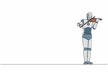 Poster - Continuous one line drawing robot musician playing violin classic musical instrument. Humanoid robot cybernetic organism. Future robotic development. Single line design vector graphic illustration