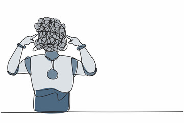 Poster - Single one line drawing robot with round scribbles instead of head, covering ears with fingers for loud noise. Future technology development. Modern continuous line design graphic vector illustration
