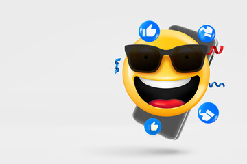 Poster - Modern smartphone with social media icons and laughing emoji with sunglasses. 3d vector banner with copy space