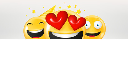 Poster - Cute happy emojis looking on you. Holiday concept. 3d vector illustration with copy space