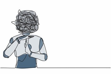 Poster - Single continuous line drawing robot with round scribbles instead of head. Stop working, time break gesture, timeout signal. Pause. Robotic artificial intelligence. One line design vector illustration