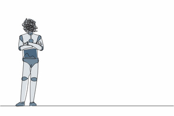 Poster - Continuous one line drawing robot with round scribble instead of head, standing with folded arms pose. Robotic artificial intelligence. Technology industry. Single line draw design vector illustration