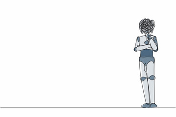 Poster - Single one line drawing robot with round scribbles instead of head, standing holding chin, thinking, and finding answer. Humanoid robot cybernetic organism. Continuous line design vector illustration