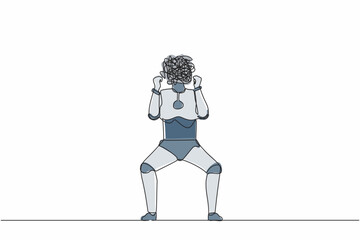 Poster - Single continuous line drawing robot with round scribbles instead of head. Angry robot raised fist. Expresses negative emotion, desperately. Future technology. One line draw design vector illustration