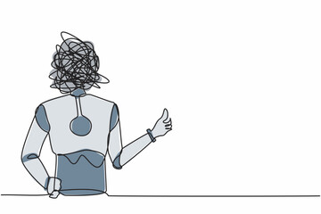 Poster - Single one line drawing robot with round scribbles instead of head, showing thumbs up sign. Deal, like, accept. Humanoid robot cybernetic organism. Continuous line design vector graphic illustration