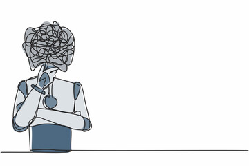 Poster - Single continuous line drawing robot with round scribbles instead of head, standing in thoughtful pose holding chin thinking. Robotic artificial intelligence. One line draw design vector illustration
