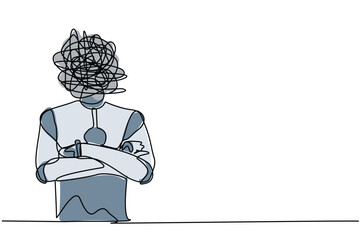 Poster - Single one line drawing robot with round scribbles instead of head, keeping arms crossed. Robot standing with folded arms pose. Technology development. Continuous line draw design vector illustration