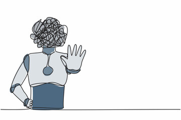Poster - Continuous one line drawing robot with round scribbles instead of head, making stop gesture sign with hand, saying no. Humanoid robot cybernetic organism. Single line draw design vector illustration