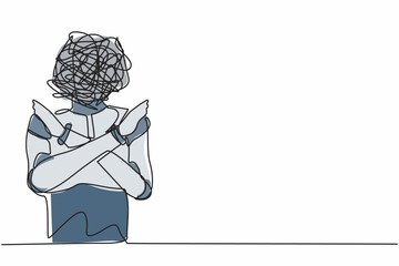 Poster - Single continuous line drawing robot with round scribbles instead of ahead, making x symbol, crossing hands, rejection, displeased. Robotic artificial intelligence. One line design vector illustration
