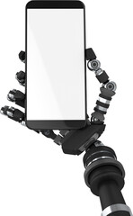 Poster - Digital png illustration of robot hand holding smartphone, blank screen, on transparent background