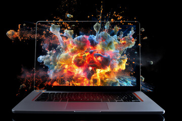 Laptop bursting with an explosion of vibrant technicolour colours causing computer stress and frustration through overwork and networking on the internet, Generative AI stock illustration image