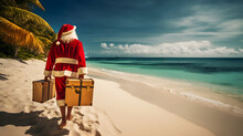 Santa Claus With Gifts On A Beautiful Beach 