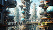 Futuristic urban dwellers in a vertical megacity