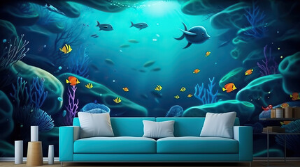 Wall Mural - Enter the Enchanting Underwater Realm - Immerse Yourself in the Mesmerizing 3D Effect Wall with Wild Illustration Background. 3D Interior Mural for Home Wall art Decor Wallpaper. submarine world