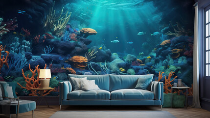 Wall Mural - Enter the Enchanting Underwater Realm - Immerse Yourself in the Mesmerizing 3D Effect Wall with Wild Illustration Background. 3D Interior Mural for Home Wall art Decor Wallpaper. submarine world