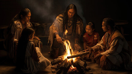 Wall Mural - Native American storytellers sharing legends by a fire