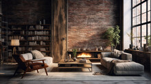 Dark Loft Living Room With Industrial Style Fireplace, Large Flo