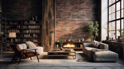 Dark loft living room with industrial style fireplace, large flo