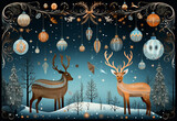 Fototapeta Pokój dzieciecy - Vintage cartoon Christmas illustration in dark blue and gold style