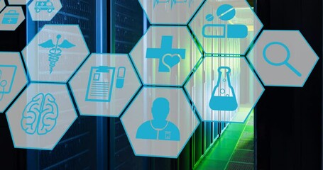 Poster - Animation of multiple medical icons against computer server room