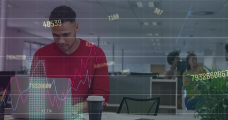 Poster - Animation of statistical data processing, changing numbers over biracial man using laptop at office