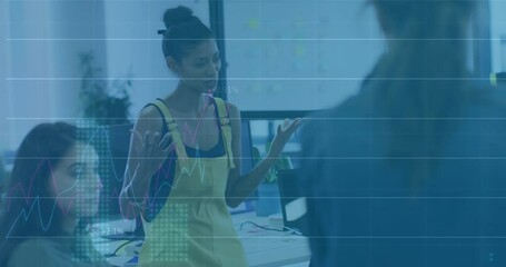 Poster - Animation of statistical data processing against biracial woman talking to colleagues at office
