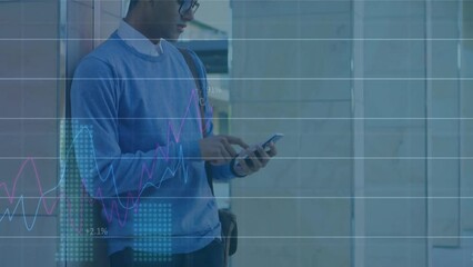 Poster - Animation of statistical data processing against biracial man using smartphone at office