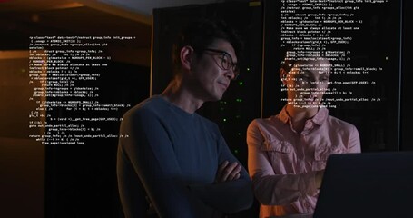 Poster - Animation of data processing over diverse male and female engineers discussing at server room