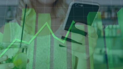 Poster - Animation of statistical data processing against caucasian woman using smartphone at a bar