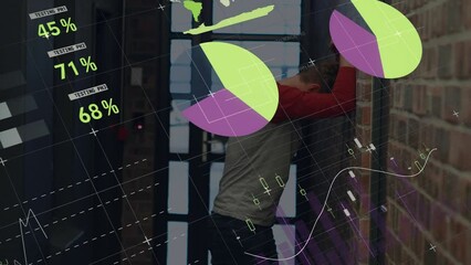 Poster - Animation of statistical data processing on stressed caucasian man leaning against wall at office