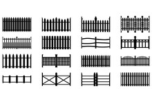 Black Wooden Fence Silhouette Isolated On White Background. Decorative Wood Picket Fence Section Design. Vector Flat Black Garden Picket Fence Design. Vector Wood Picket Design. Seamless Border.