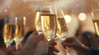 Hand holding glass of champagne, people cheering, cheers, spending a moment together with friends, party, happy moment, nightclub, restaurant, cheering, family, sparkling wine, luxury,