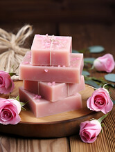Homemade Soap With Pink Roses Aroma On Wooden Table
