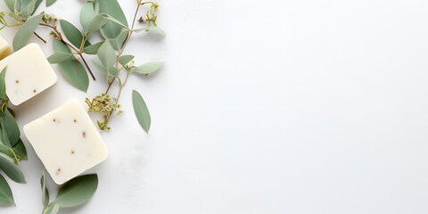 Natural homemade soap with eucalyptus aroma, white marble table with copy space