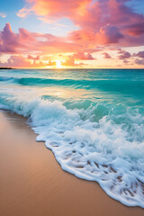  Sandy beach blue clouds gentle ocean waves and warm sunset light create a serene atmosphere 