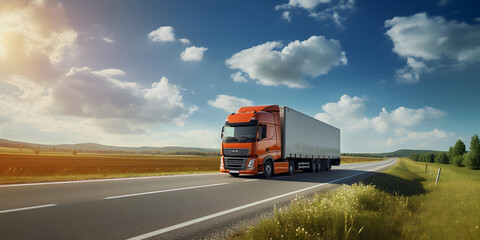 Truck driving on the asphalt road in rural landscape at sunny day with blue sky