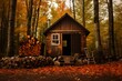 Autumn Maple Sugar Shack in Quebec Canada's Rural Forest. Seasonal Agriculture with Boiling Cabin