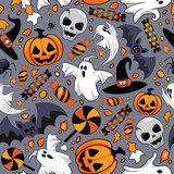 Fototapeta Pokój dzieciecy - Ghosts Spooky and Creepy Cute Monsters Horror Halloween Symbols Seamless Repeat Vector Pattern Design
