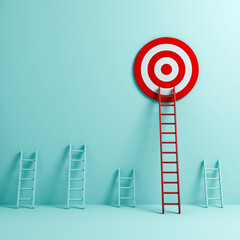 Poster - Business goal target and leadership concepts long red ladder to goal target on light blue green pastel color background with shadows 3D rendering