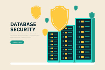 Poster - Database security, phishing, hacker attack, data server web concept. Cyber security. Personal data protection. Server room racks. Cloud storage technology, database. Vector illustration